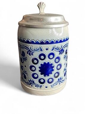 Goebel Merkelbach Blue and White Ceramic Stein with attached intact Pewter Lid